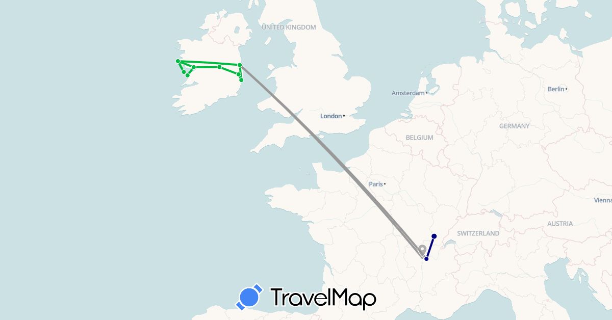 TravelMap itinerary: driving, bus, plane in France, Ireland (Europe)